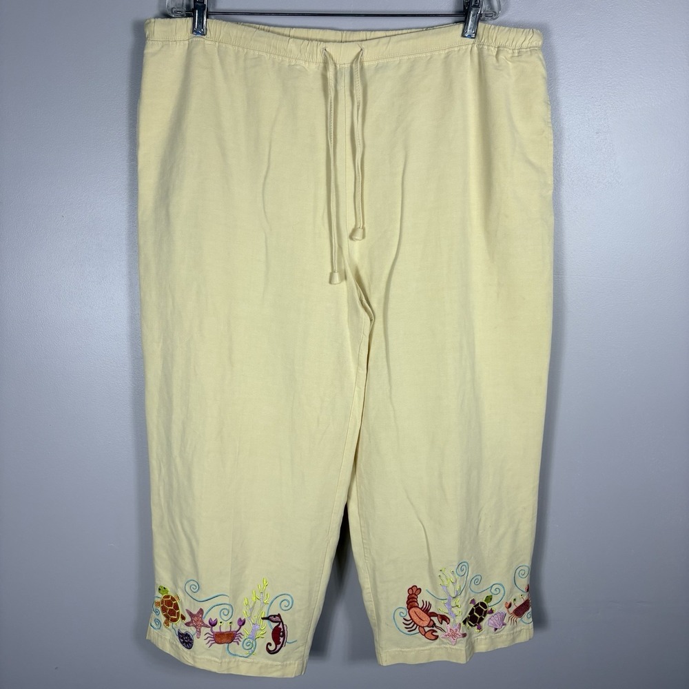 Lavie Boheme Womens XL Yellow Drawstring Sea Life Embroidered Capri Pants VTG